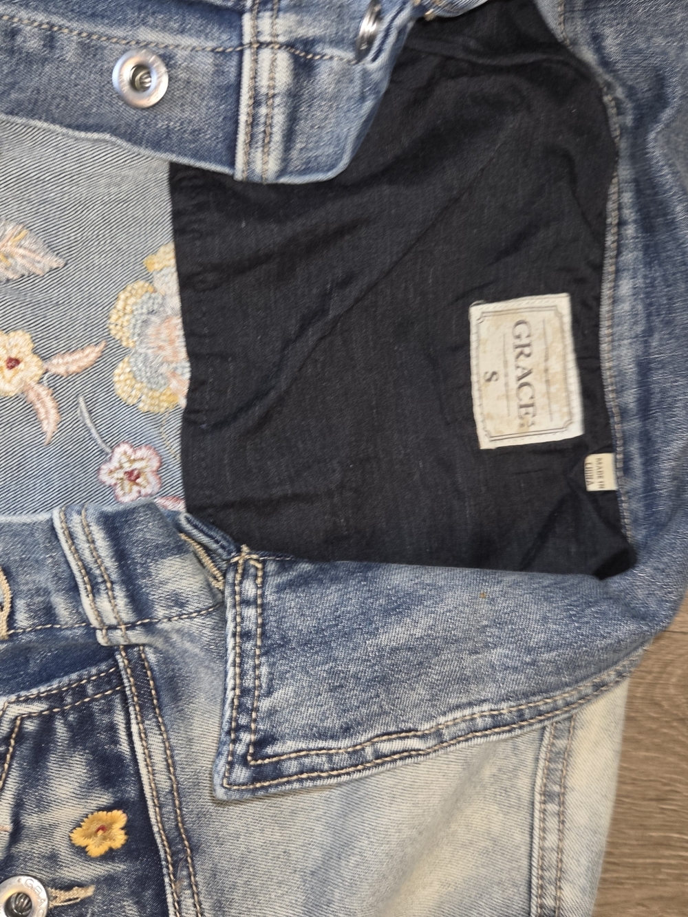 Grace in LA Boho Embroidered Floral Denim Jacket Light Wash